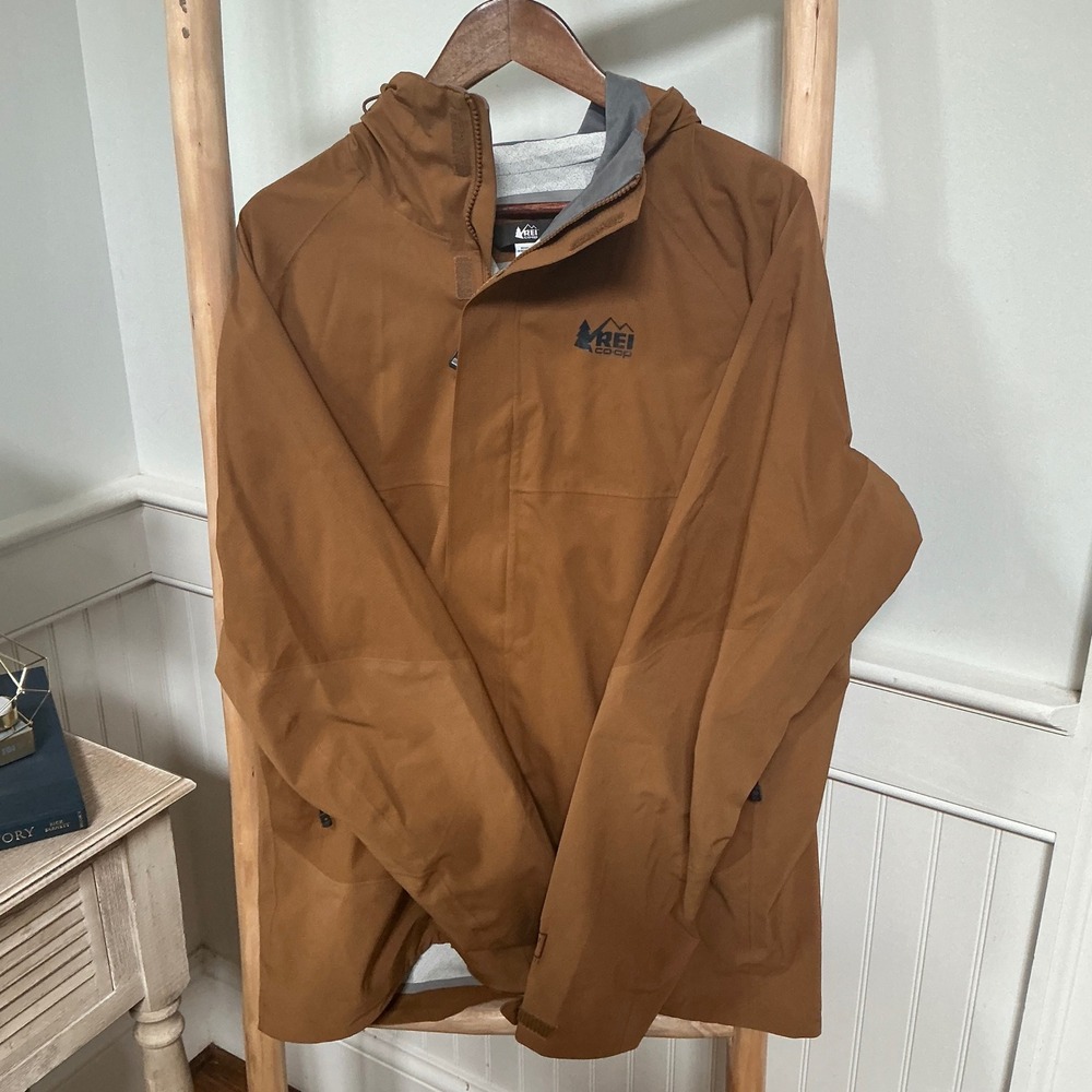 REI Co-op Mens Hooded Rain Jacket Brown Full Zip Waterproof Shell Size L